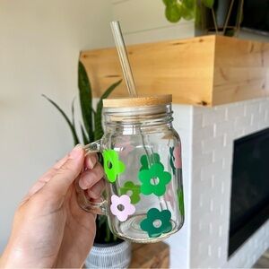 Spring Flower Glass cup with Bamboo Lid